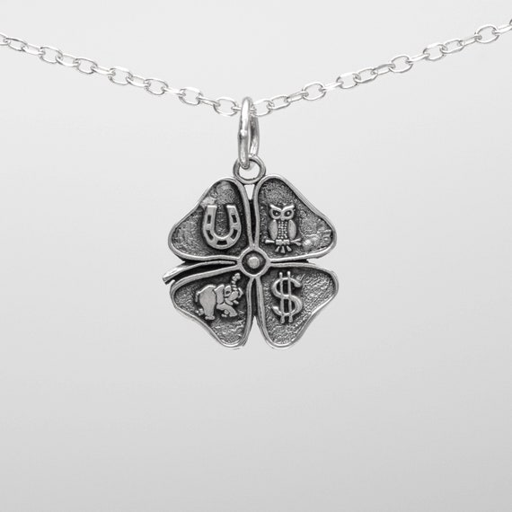 Silver Good Luck Pendant with Four Leaf Clover Charm, Horseshoe, Owl,  Elephant, Dollar Symbols for Luck, Wisdom, Strength, and Wealth CLT016