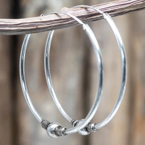 May include: Two silver hoop earrings hanging from a brown twig. The earrings are round with a small decorative bead near the clasp. The background is a blurred wooden surface.