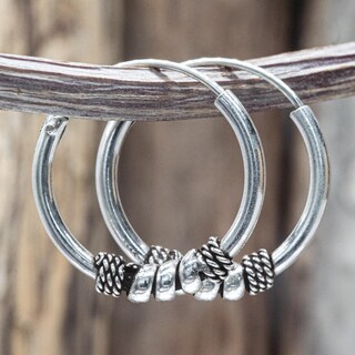 Orecchini A Cerchio Bali Neri Con Pallina - Argento 925 Sterling - Modello Celtico, Diametro 15mm - NKlaus PAAR