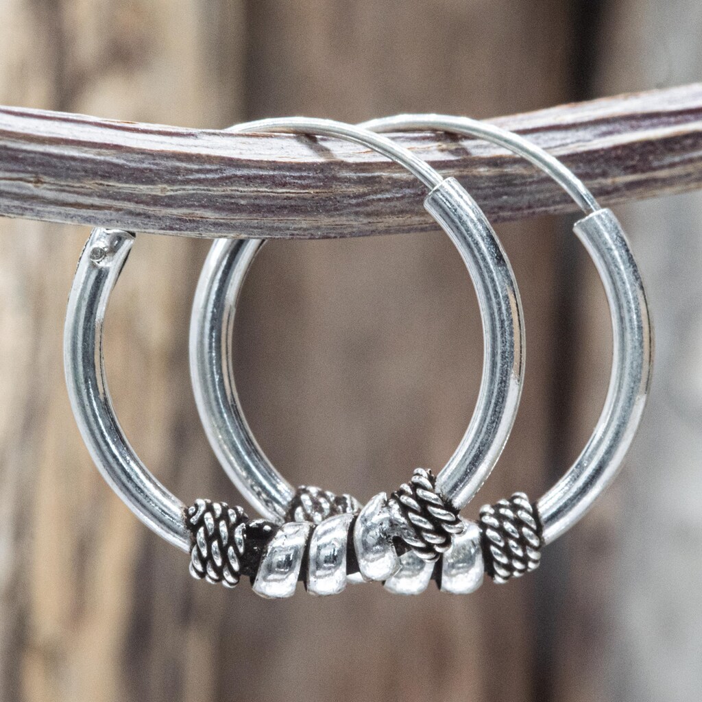 Orecchini A Cerchio Bali Neri Con Pallina - Argento 925 Sterling - Modello Celtico, Diametro 15mm - NKlaus PAAR