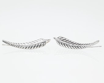 Sterling Silver Feather Ear Climber Earrings, Boho Crawler Ear Pin