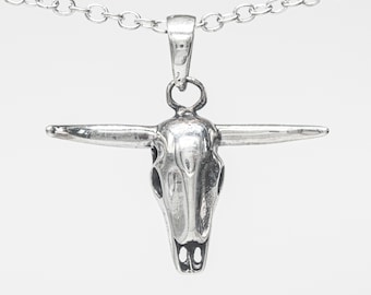 Sterling Silver Cow Skull Pendant Necklace: Rustic Western Jewelry