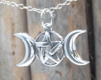 Sterling Silver Triple Moon Pentacle Pendant Necklace