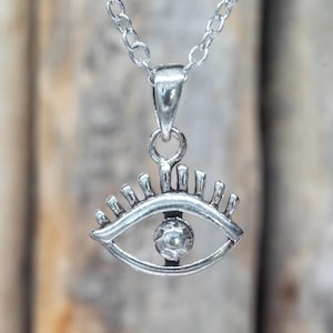 Eye Pendant Necklace | Sterling Silver Protection Symbol Jewelry | Evil Eye Inspired Charm with Lashes | HGP182