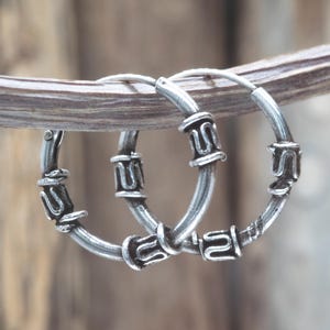 Sterling Silver Bali Hoop Earrings 14mm 1.2mm Tribal Oxidized 925 Handmade Unisex Cartilage Lobe Hoops Small Lightweight Boho Jewelry CLT152