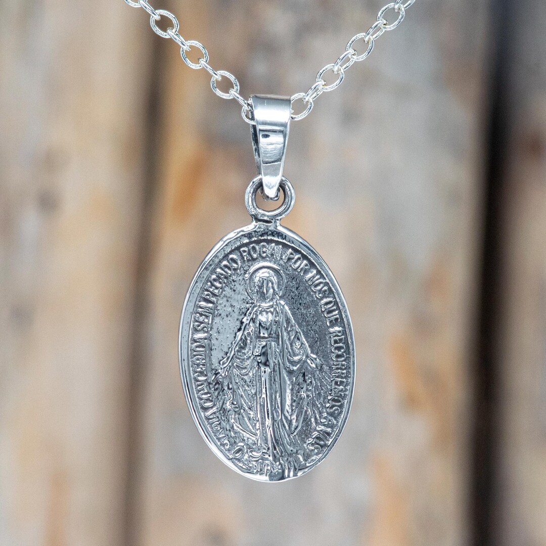 Sterling Silver Miraculous Virgin Mary Oval Medal Pendant - Etsy