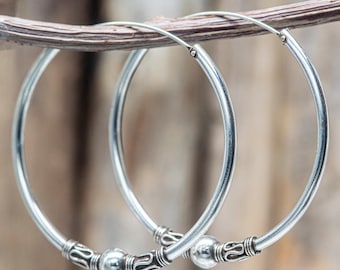 40mm Sterling Silver Bali Hoop Earrings: 925 Silver Endless Artisan Hoops