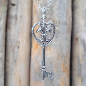 Sterling Silver Key Pendant Necklace | Fleur-de-Lis Heart Key Jewelry | Symbolic Gift for Her | Vintage Style Silver Charm CLT126