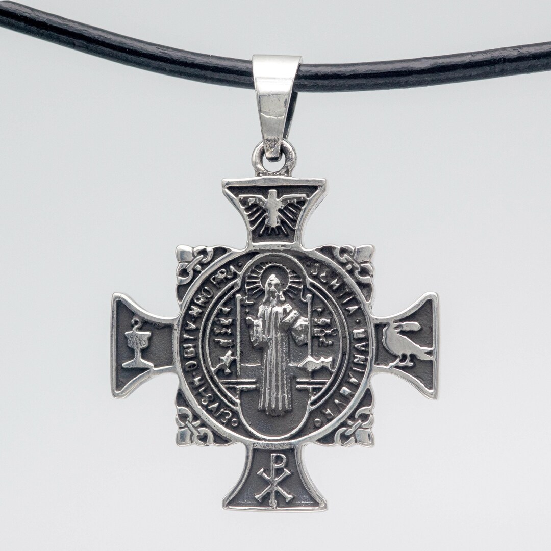 Sterling Silver Saint Benedict Cross Pendant Necklace 30x34mm 1.18 X 1. ...