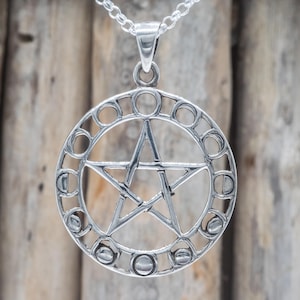 Sterling Silver Pentagram Moon Phase Pendant | 27mm 925 Wiccan Pagan Talisman | Handmade Witchcraft Lunar Cycle Just Pendant MAD025