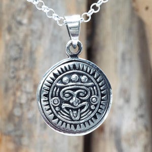 Sterling Silver Aztec Sun Face Pendant | Mayan Calendar Charm | Tribal Sun Talisman | Ancient Symbol Jewelry | CRS111