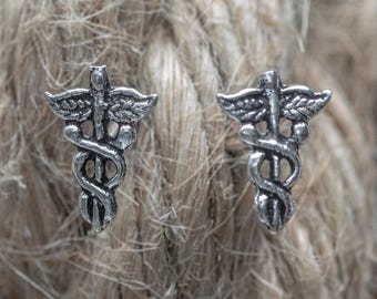 Sterling Silver Caduceus Stud Earrings: Medical Jewelry Gift