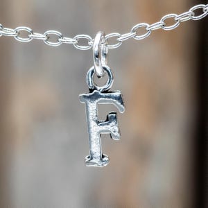 May include: A silver letter "F" pendant suspended from a fine chain. The pendant has a textured finish, and the chain is made up of oval links. The background is blurred, featuring shades of brown and beige. A simple, elegant piece of jewellery.