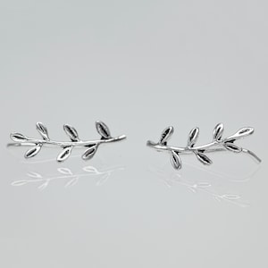 Sterling Silver Olive Branch Ear Climber (16mm) | Dainty Leaf Ear Crawler Earrings | Nature Jewelry