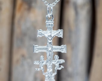 Sterling Silver Miraculous Double-Arm Cross of Caravaca Necklace: Spanish Crucifix Pendant