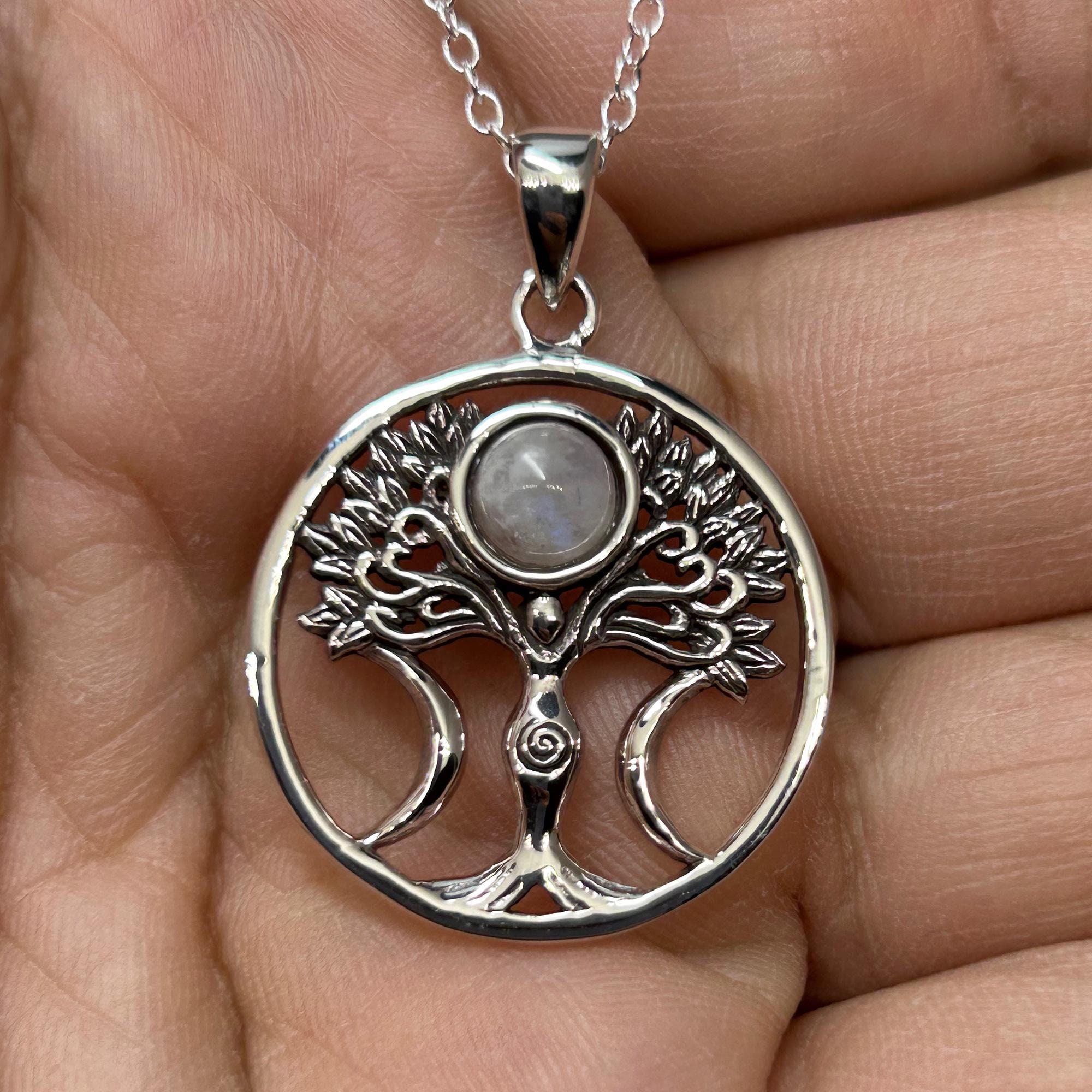 Triple Moon Silver Locket With Tree Of Life, Handmade Spell Locket Of Life Lockets With Real Energy Quartz Crystal Amulet, Porateincor Moon Tree Transcendental Awareness Pendant Charm(1pcs