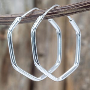 Op de afbeelding: Twee zilverkleurige, geometrische oorringen. De oorbellen hebben een zeshoekige vorm en worden gepresenteerd op een bruine tak. De oorbellen zijn gemaakt van glanzend metaal en hebben een eenvoudig, modern ontwerp. De achtergrond is wazig.