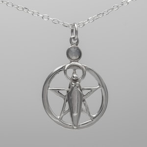 Moon Goddess Pentagram Necklace with Crystal Accent - 925 Sterling Silver Spiritual Pendant VTS012