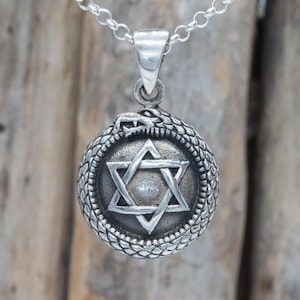 Sterling Silver Ouroboros Seal of Solomon Pendant, Hexagram Snake Amulet Necklace, Esoteric Occult Talisman, Medieval Symbol Jewelry CRS025