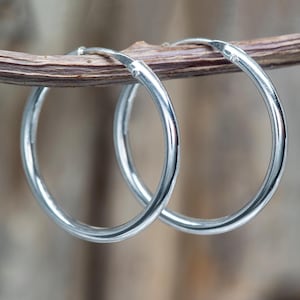 Può includere: Un paio di orecchini a cerchio argentati lucenti. Gli orecchini sono rotondi e hanno una superficie liscia e lucida. Sono presentati su uno sfondo naturale sfocato, evidenziando la loro semplice eleganza. Un classico accessorio di gioielleria.