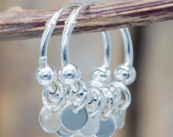 14mm Silver Multi-Dangle Hoop Earrings Beaded Hoops with Multiple Tiny Disc Charms
