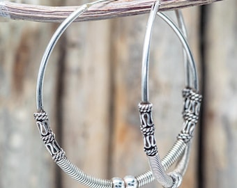 45mm Oxidized Sterling Silver Bali Hoop Earrings: Boho Tribal Jewelry