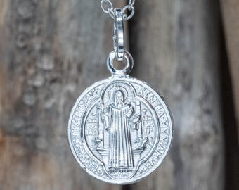Saint Benedict Medal Pendant | Sterling Silver St Benedict Cross Necklace