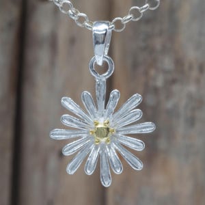 Sterling Silver Daisy Flower Pendant, 925 Silver Floral Charm with Gold Center, Nature Inspired Jewelry CRS066