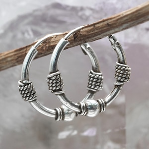 Bali Hoop Earrings – 925 Sterling Silver 14x1.2mm Small Tribal Hoops, Lightweight Unisex Boho Earrings, Cartilage or Lobe Jewelry EVM021
