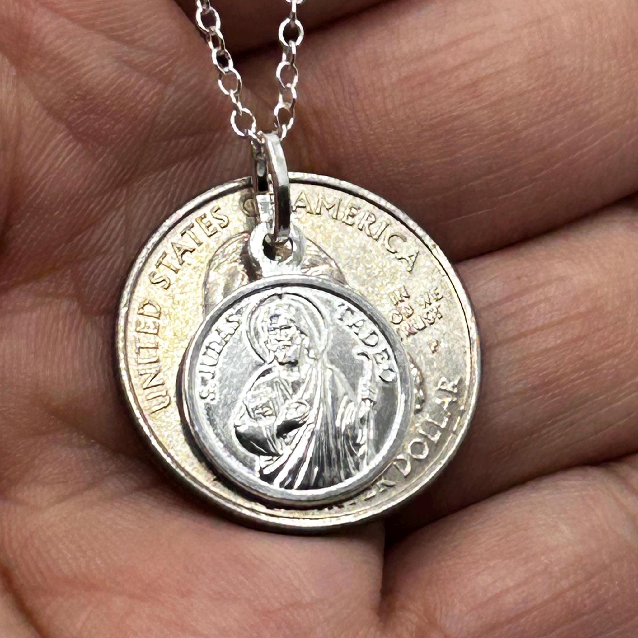 Sterling Silver St. Jude Medal Necklace: San Judas Tadeo Pendant 15mm, image size:2050x2050