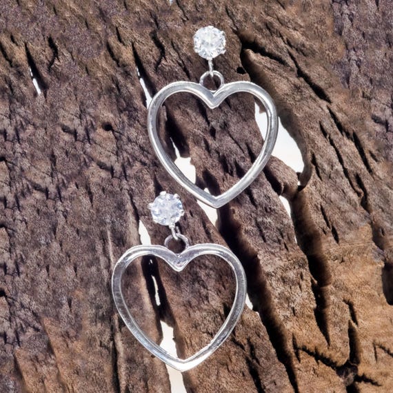 Sterling Silver Heart Dangle Earrings: Zircon Accent, Romantic