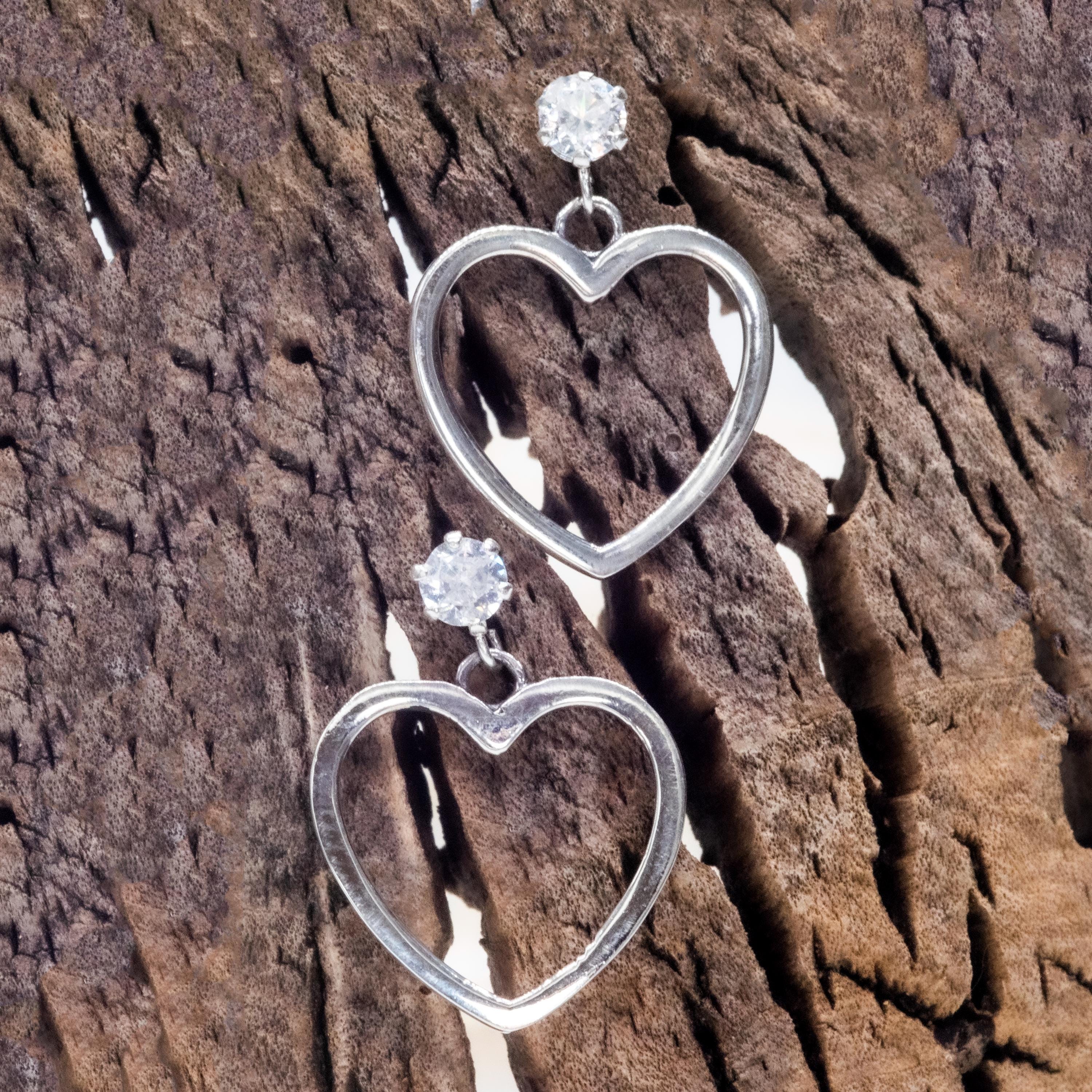 Sterling Silver Heart Dangle Earrings: Zircon Accent, Romantic