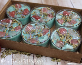 PRETTY PLUMERIA * 6 pc. Artisan Tea Light Set, Intention, Witchy, Pastel,  Plumeria, Gardenia, Guava, Strawberry Quartz, Fennel