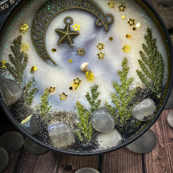 WHISPERING MOON * Artisan Candle, Meditation, Intention, Ritual, Celestial, Moonstone, Evergreen Trees, stars, charms