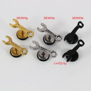 wrench stud earrings; tool stud earrings; black stud earrings; gold studs; funny studs; unique studs; earrings for men; men studs, SE3003