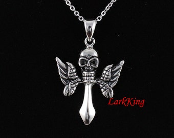 Cross necklace, winged cross, skull necklace, skeleton necklace, skull cross, wing cross, stainless steel, wing necklace, NE7087