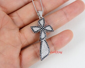 Large cross necklace, sterling silver cross, flower cross necklace, cross necklace women, religious cross, baptism cross, cross gift, NE8239