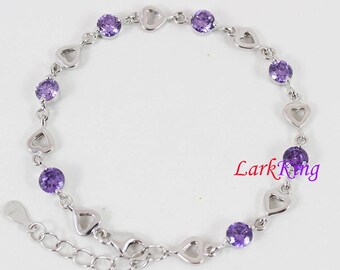 Sterling silver purple gemstone bracelet, zircon stone bracelet, silver heart chain, bridesmaid gift, gift for girlfriend, Larkking LK9003