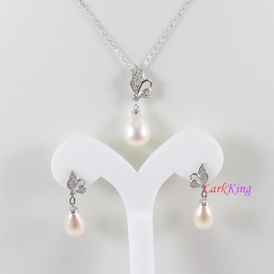 Sterling silver pearl necklace and earring set, pearl necklace, pearl earrings, bridal jewelry set, teardrop pearl, firefly necklace LK10011