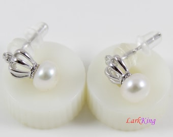 Sterling silver crown stud earrings, fresh water pearl stud earrings, silver wired crown studs, pearl studs for women, girl studs, LK15014