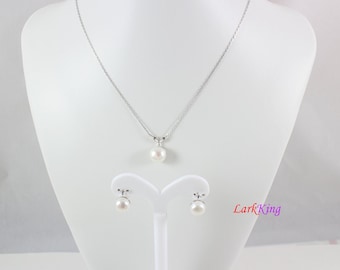Sterling silver pearl necklace and earring set, pearl necklace, pearl earrings, bridal jewelry set, anniversary necklace set, LK10011