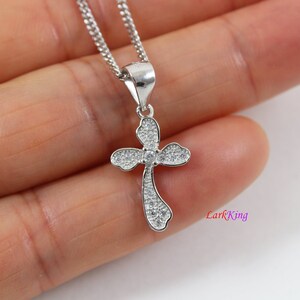 Tiny cross necklace, sterling silver flower cross necklace, art craft cross pendant,  religion cross necklace, christian jewelry,  LK8464