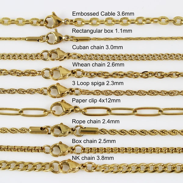 18K gold filled stainless steel necklace chain, Spiga chain, Rope chain, Box chain, Cuban chain, gold necklace for women, gold chain for men