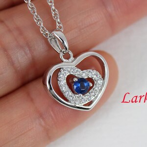 Sterling silver heart necklace, blue and white gemstone heart pendant, double heart necklace, zircon heart necklace, Larkking LK9203