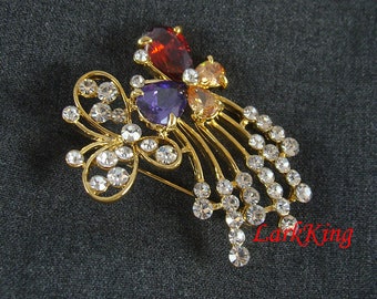 Double Butterfly Brooch: Colorful Costume Jewelry (2"x1 1/2"); BH26