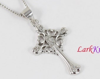 Sterling silver cross necklace, cross heart necklace, unique cross pendant, catholic cross, christian necklace, girls cross necklace, NE8236