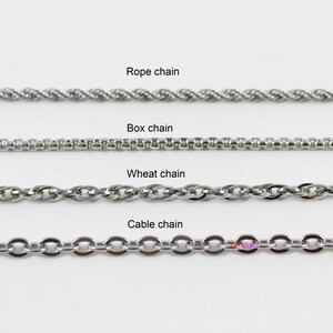 May include: Four different types of silver chains: rope chain, box chain, wheat chain, and cable chain.