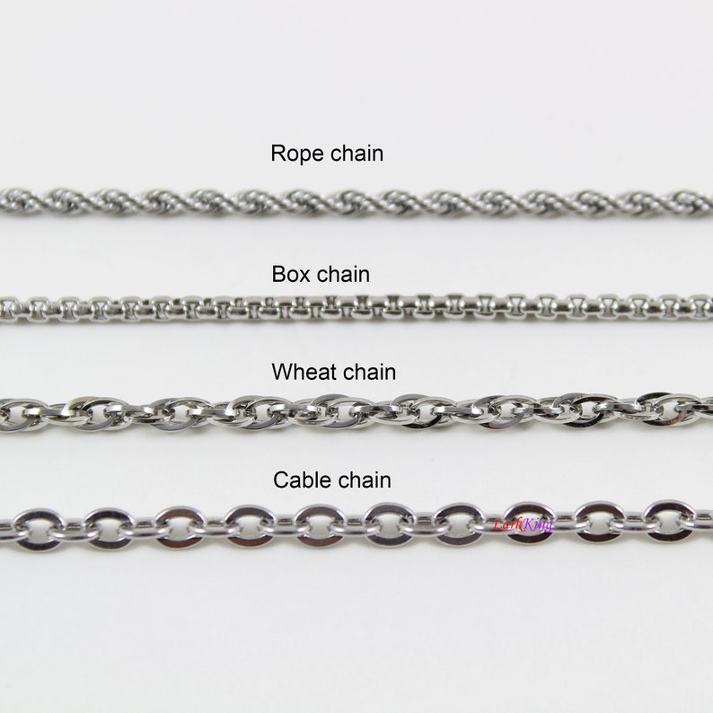May include: Four different types of silver chains: rope chain, box chain, wheat chain, and cable chain.