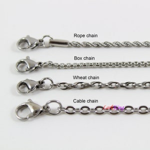 May include: Four different types of silver chains: rope chain, box chain, wheat chain, and cable chain. Each chain has a lobster clasp.