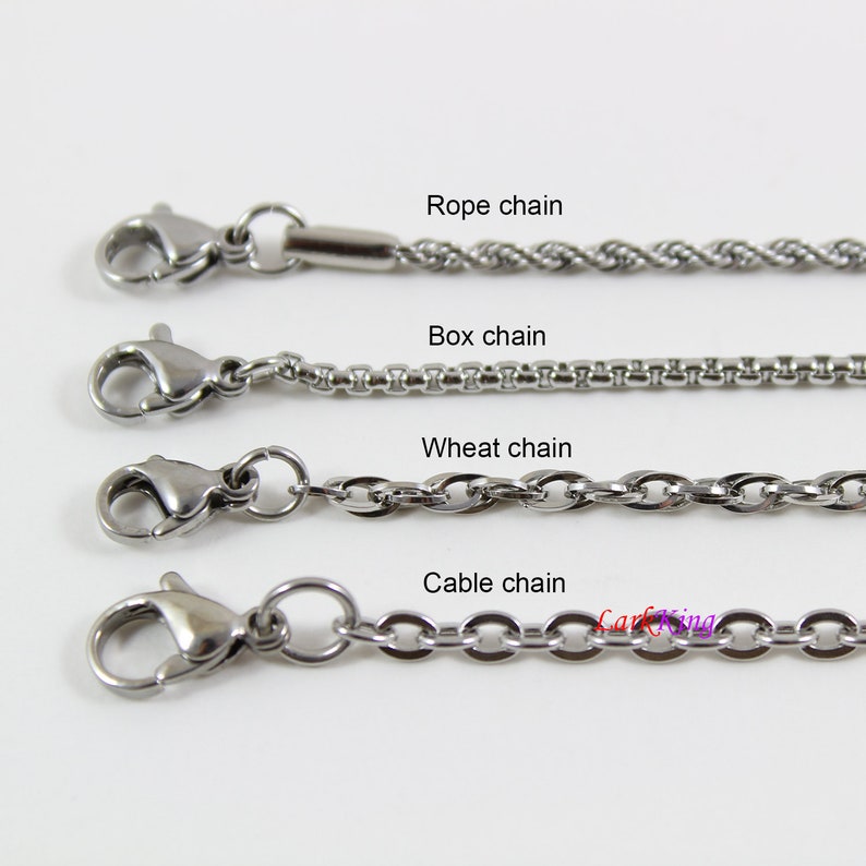 May include: Four different types of silver chains: rope chain, box chain, wheat chain, and cable chain. Each chain has a lobster clasp.
